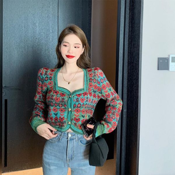 women jacquard floral womens sweater crop knitted cardigan coat ladies knitwear vintage square collar fashion all match female, White;black
women jacquard floral womens sweater crop knitted cardigan coat ladies knitwear vintage square collar fashion all match female, White;black