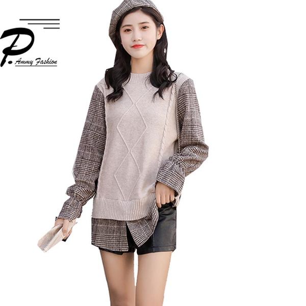 women's sweaters p ammy preppy style patchwork plaid women fake two pieces long sleeve casual loose knitting thicken top, White;black
women's sweaters p ammy preppy style patchwork plaid women fake two pieces long sleeve casual loose knitting thicken top, White;black