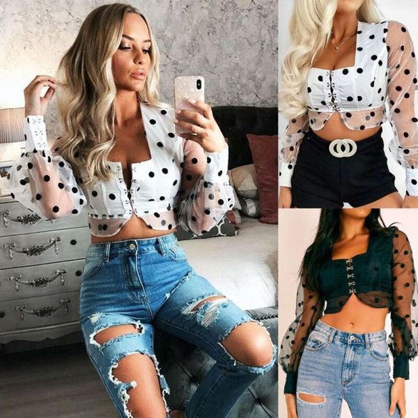 women polka dot crop blouses square neck slim tulle mesh sheer blouse shirts long sleeve ruffle lady blusas women's &, White
women polka dot crop blouses square neck slim tulle mesh sheer blouse shirts long sleeve ruffle lady blusas women's &, White