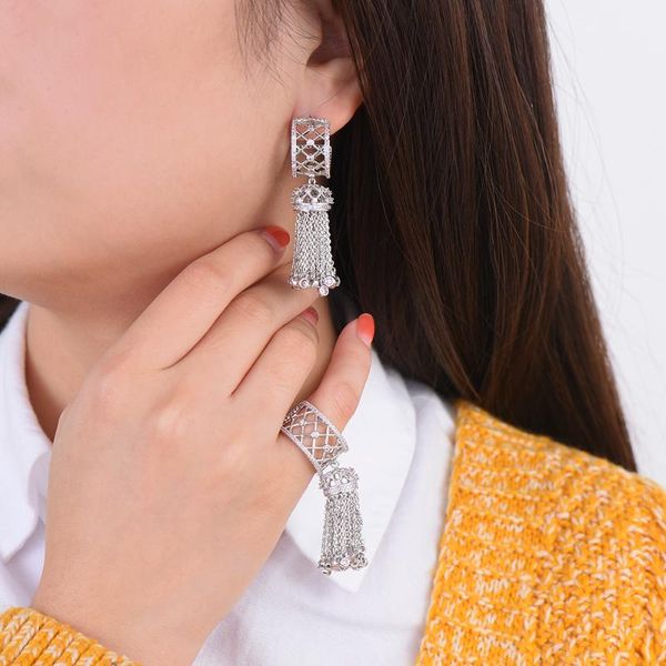 earrings & necklace personality geometric shape cz inlaid wedding tassel dangle ring jewelry sets for women engagement, Silver
earrings & necklace personality geometric shape cz inlaid wedding tassel dangle ring jewelry sets for women engagement, Silver