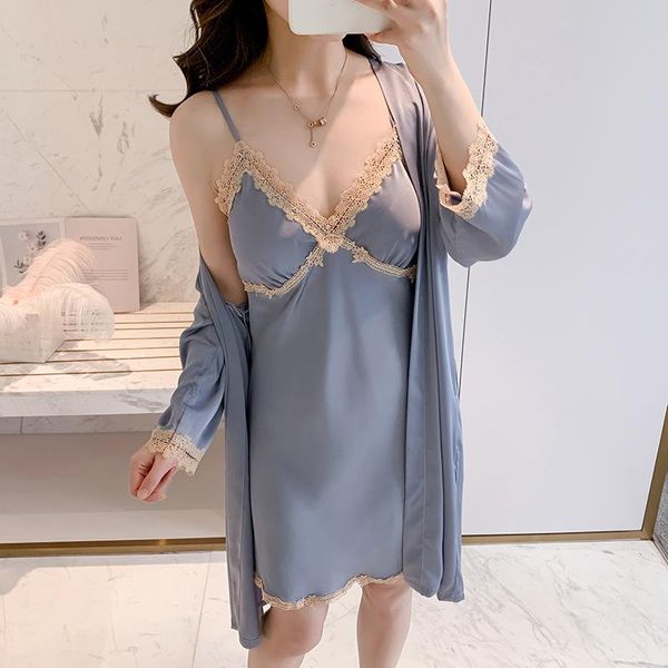 women's sleepwear gray faux silk robe set women kimono gown full slip 2pcs lace sleep female nighty&robe home clothing, Black;red
women's sleepwear gray faux silk robe set women kimono gown full slip 2pcs lace sleep female nighty&robe home clothing, Black;red