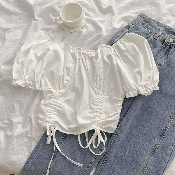women's t-shirt 2021 tshirts clothing loose tee puff sleeve pullover cropped tees shirt mujer solid color shirring women, White
women's t-shirt 2021 tshirts clothing loose tee puff sleeve pullover cropped tees shirt mujer solid color shirring women, White