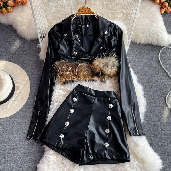 women's tracksuits autumn winter fashion girl short wool stitch pu leather jacket and high waist double breasted shorts two piece suit, Gray
women's tracksuits autumn winter fashion girl short wool stitch pu leather jacket and high waist double breasted shorts two piece suit, Gray