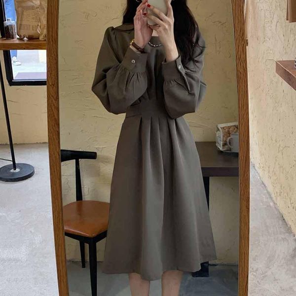 casual dresses autumn korean french retro dark women elegant waist o-neck dress 2021 soft solid color versatile chic fashion, Black;gray
casual dresses autumn korean french retro dark women elegant waist o-neck dress 2021 soft solid color versatile chic fashion, Black;gray