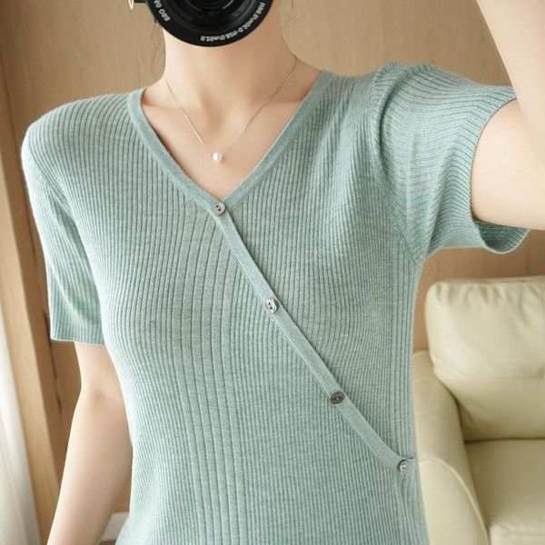 women's t-shirt v-neck button knitted short-sleeved summer 2021 slim bottom half-sleeved korean version of the wild thin top, White
women's t-shirt v-neck button knitted short-sleeved summer 2021 slim bottom half-sleeved korean version of the wild thin top, White