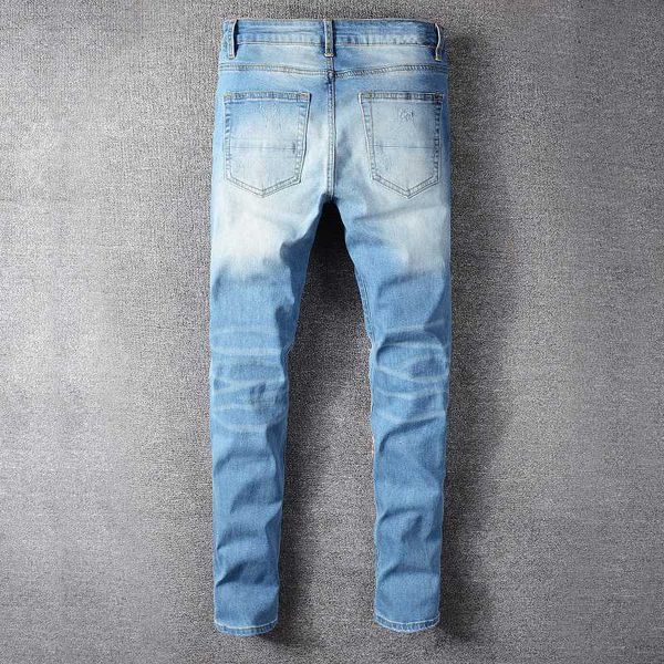 men's printed patch design patchwork slim ny jeans streetwear holes ripped stretch denim pants, Blue
men's printed patch design patchwork slim ny jeans streetwear holes ripped stretch denim pants, Blue