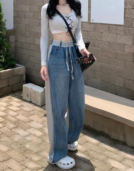 women's jeans dd0292 elastic high waist loose mopping wide-leg stitching trousers straight-leg, Blue
women's jeans dd0292 elastic high waist loose mopping wide-leg stitching trousers straight-leg, Blue