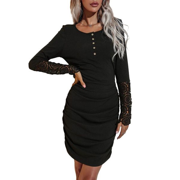 casual dresses women ruched sheath dress solid color round neck lace sleeve bodycon elegant party midi, Black;gray
casual dresses women ruched sheath dress solid color round neck lace sleeve bodycon elegant party midi, Black;gray