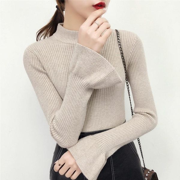 half turtleneck korean basic pullover women sweater autumn winter thick flare sleeve slim all match kitted pull femme, White;black
half turtleneck korean basic pullover women sweater autumn winter thick flare sleeve slim all match kitted pull femme, White;black