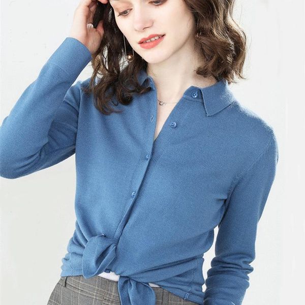 women's knits & tees 2021 collar knitting cardigan sweater shirt loose coat lapel rendering short fund long sleeve woman, White
women's knits & tees 2021 collar knitting cardigan sweater shirt loose coat lapel rendering short fund long sleeve woman, White