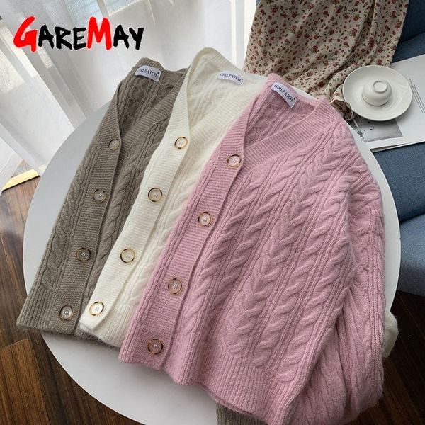 women v-neck knitted sweaters cardigans casual long sleeve soft buttons coat korean style women's clothing cardigan 210428, White