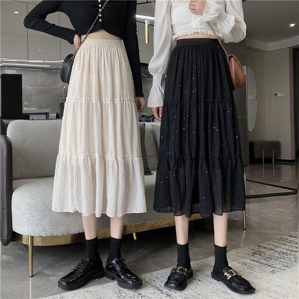 skirts patchwork sequin folds solid color a-line high waist elastic long preppy style loose korean 2021 summer women's skirt, Black 
skirts patchwork sequin folds solid color a-line high waist elastic long preppy style loose korean 2021 summer women's skirt, Black