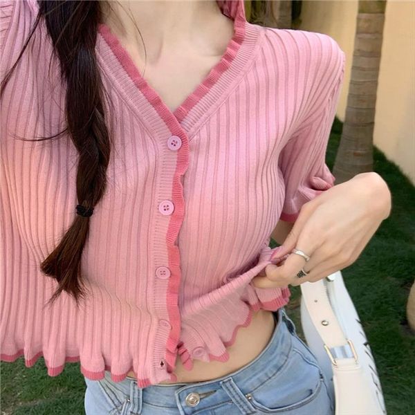 knit cardigan women sweater contrast color ruffles short flare sleeve cropped sweaters lady summer thin crop for femme, White;black
knit cardigan women sweater contrast color ruffles short flare sleeve cropped sweaters lady summer thin crop for femme, White;black