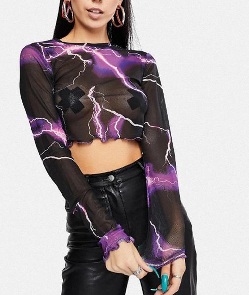 women's t-shirt women sheer mesh crop trendy print long sleeve round neck lettuce trim see through shirt summer, White
women's t-shirt women sheer mesh crop trendy print long sleeve round neck lettuce trim see through shirt summer, White
