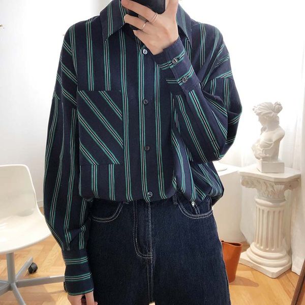 women's blouses & shirts vintage green stripe women boyfriend style loose casual femme spring fashion qh25, White
women's blouses & shirts vintage green stripe women boyfriend style loose casual femme spring fashion qh25, White