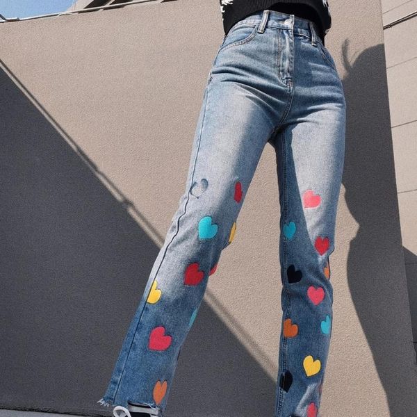 women's jeans womengaga high waist woman street vintage multi-color heart print rough edges straight denim pants women bul8, Blue
women's jeans womengaga high waist woman street vintage multi-color heart print rough edges straight denim pants women bul8, Blue