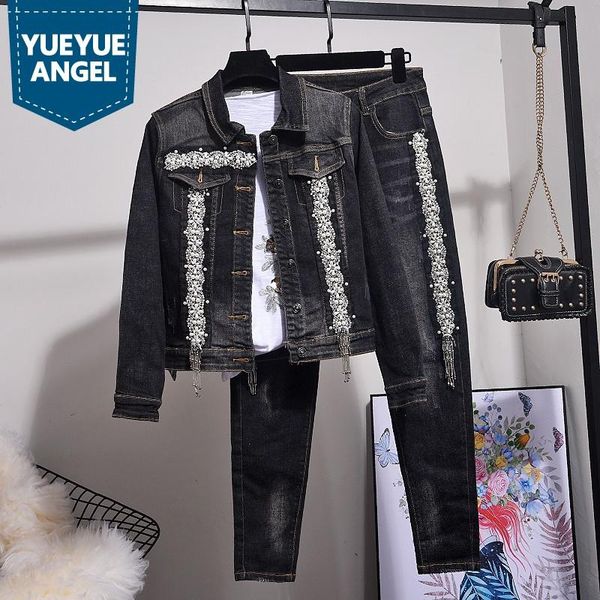 high street women waist stretchy jeans denim jacket two piece set embroidered flares tassels punk outfits matching sets women's pants, White
high street women waist stretchy jeans denim jacket two piece set embroidered flares tassels punk outfits matching sets women's pants, White