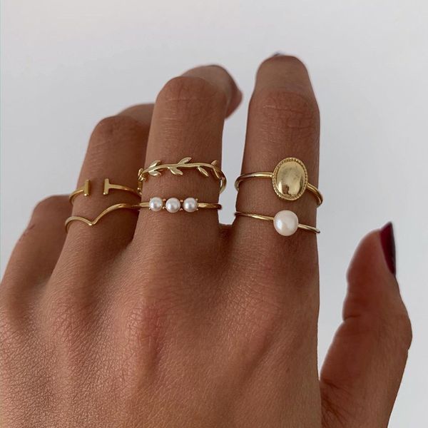 52883 celebrity street ring 6-piece creative gold plated pearl leaf ring set, Silver
52883 celebrity street ring 6-piece creative gold plated pearl leaf ring set, Silver