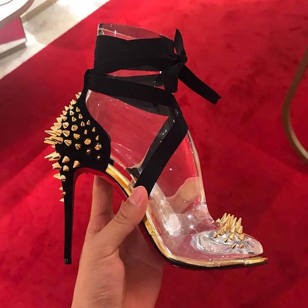 high thin heels for ladies evening clear woman shoes rivets cross-tied stilettos pvc lace up sandals, Black
high thin heels for ladies evening clear woman shoes rivets cross-tied stilettos pvc lace up sandals, Black