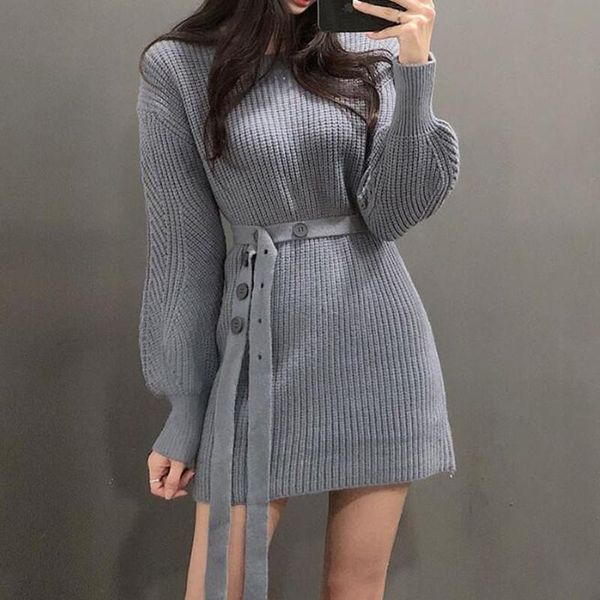 casual dresses korea chic fold o-neck sweater dress long sleeve mini knitted bandage slim waist women vestidos, Black;gray 
casual dresses korea chic fold o-neck sweater dress long sleeve mini knitted bandage slim waist women vestidos, Black;gray
