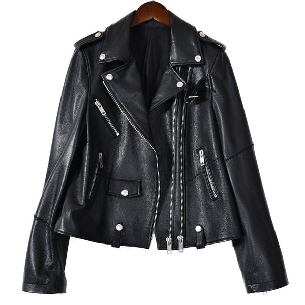 women's leather & faux genuine women jacket spring beaded slim fashion female sheepskin motorcycle soft coat, Black
women's leather & faux genuine women jacket spring beaded slim fashion female sheepskin motorcycle soft coat, Black