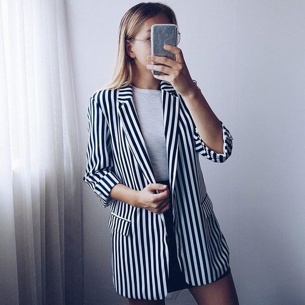 women's suits & blazers fashion 2021 autumn women striped notched blazer three quarter sleeve work outerwear casual jackets, White;black 
women's suits & blazers fashion 2021 autumn women striped notched blazer three quarter sleeve work outerwear casual jackets, White;black