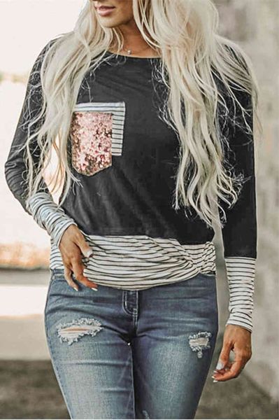 women's t-shirt loose casual autumn female neck pocket t-shirt sequins long sleeve striped shreds t-shirts t6vz, White
women's t-shirt loose casual autumn female neck pocket t-shirt sequins long sleeve striped shreds t-shirts t6vz, White