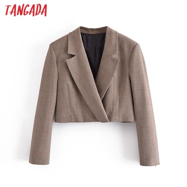 women plaid crop blazer coat vintage notched collar pocket fashion female casual chic 3h209 210416, Black 
women plaid crop blazer coat vintage notched collar pocket fashion female casual chic 3h209 210416, Black