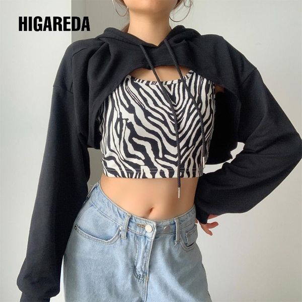 women's hoodies & sweatshirts higareda 2 pieces zebra print black crop hoodie sweatshirt harajuku punk long sleeve sweat shirt women ca