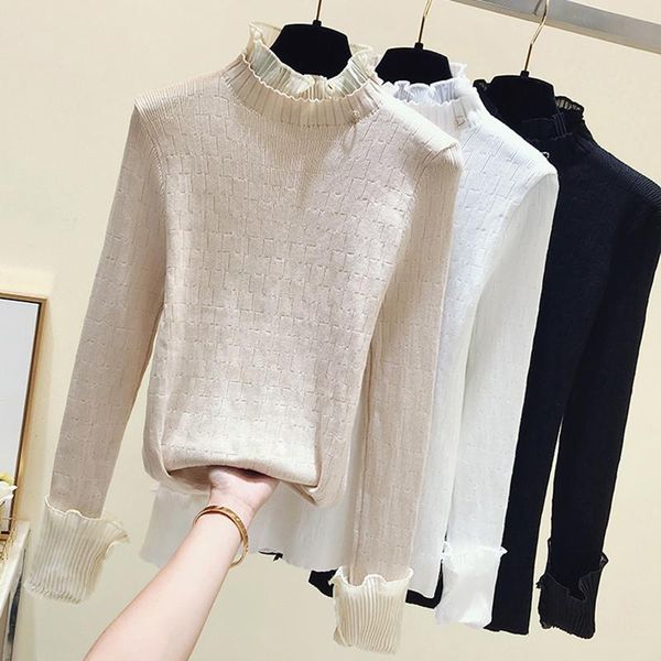 women's sweaters pull femme 2021 lace half high collar sweater women autumn winter knitted korean female clothes pullovers long sleeve, White;black
women's sweaters pull femme 2021 lace half high collar sweater women autumn winter knitted korean female clothes pullovers long sleeve, White;black