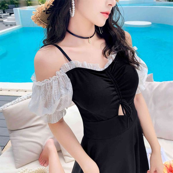 one piece swimsuit women's 2021 new cover belly show thin conservative skirt korean girl fall shoulder lace, White;black
one piece swimsuit women's 2021 new cover belly show thin conservative skirt korean girl fall shoulder lace, White;black