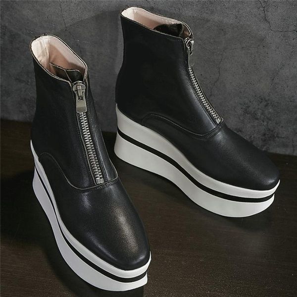 boots women's genuine leather fashion sneakers female platform wedges high heel square toe ankle front zip casual shoes, Black
boots women's genuine leather fashion sneakers female platform wedges high heel square toe ankle front zip casual shoes, Black