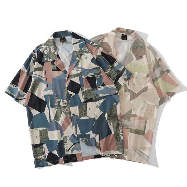 men's casual shirts men shirt short sleeve 2021 arrival summer loose geometric patterns pocket male thin student korean style s72, White;black 
men's casual shirts men shirt short sleeve 2021 arrival summer loose geometric patterns pocket male thin student korean style s72, White;black