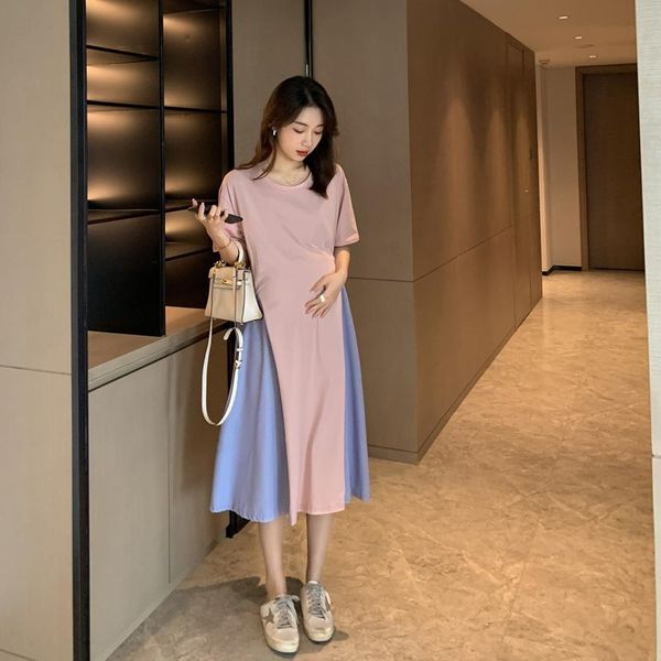 maternity dresses block color patchwork pregnant women summer dress short sleeve fashion clothes long loose pregnancy cotton linen, White 
maternity dresses block color patchwork pregnant women summer dress short sleeve fashion clothes long loose pregnancy cotton linen, White