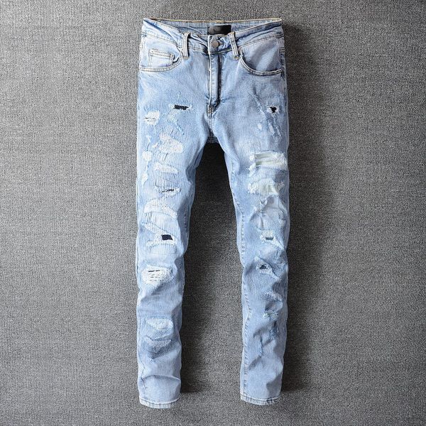fashion slim jeans motorcycle biker casual hip hop mens designer blue frayed hole style quality size 28-40