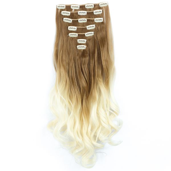 

7pcs/set 130g synthetic clips hair extensions pieces ombre curly big wavy high temperature fiber for women, Black;brown