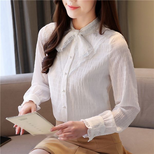 korean women blouse white s for chiffon woman petal sleeve lace shirts bow tie 210427
korean women blouse white s for chiffon woman petal sleeve lace shirts bow tie 210427