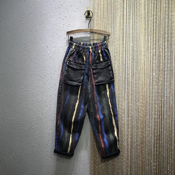 women's jeans european women 2021 spring elastic-waist loose-fit personality striped printing large size denim harem pants, Blue
women's jeans european women 2021 spring elastic-waist loose-fit personality striped printing large size denim harem pants, Blue