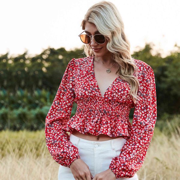 spring o-neck skinny red floral printing shirring street casual pullover women's blouse 210524, White
spring o-neck skinny red floral printing shirring street casual pullover women's blouse 210524, White