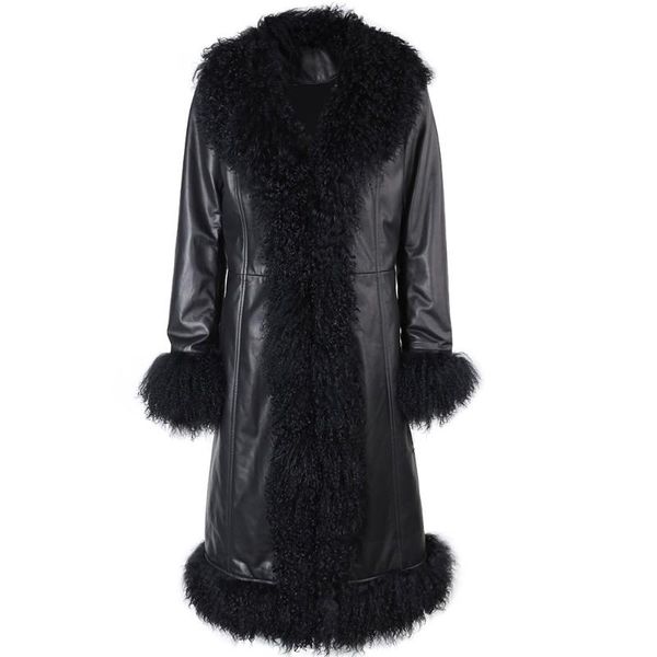 women's leather & faux yoloagain women mongolia sheep fur trim collar real jacket long coat windbreak, Black
women's leather & faux yoloagain women mongolia sheep fur trim collar real jacket long coat windbreak, Black