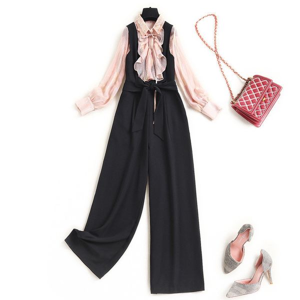 short spring office designer lady order elegant women's clothes plied chiffon blouse and suit pants twinset party sets, White;black
short spring office designer lady order elegant women's clothes plied chiffon blouse and suit pants twinset party sets, White;black