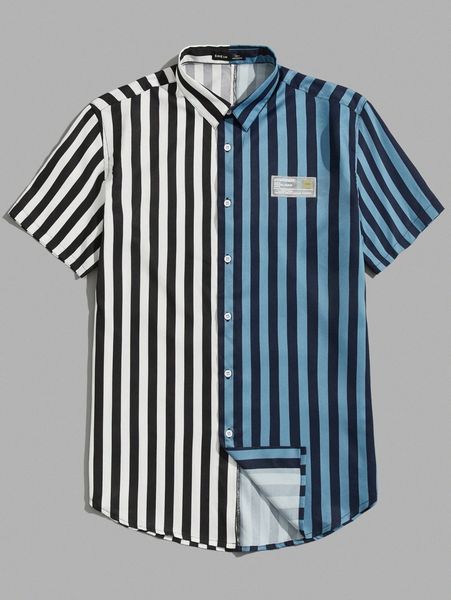 men patched detail spliced striped shirt f6xt#, White;black 
men patched detail spliced striped shirt f6xt#, White;black