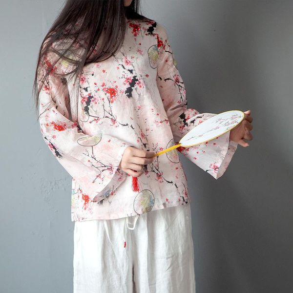 women's blouses & shirts vintage slant frog button stand collar red plum flower print pure ramie blouse, elegant flare sleeve summer th, White
women's blouses & shirts vintage slant frog button stand collar red plum flower print pure ramie blouse, elegant flare sleeve summer th, White