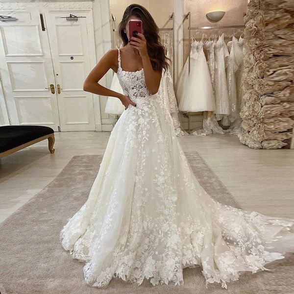 spaghetti a line lace wedding dresses square appliques sweep train corset back tulle plus size bridal gowns, White
spaghetti a line lace wedding dresses square appliques sweep train corset back tulle plus size bridal gowns, White