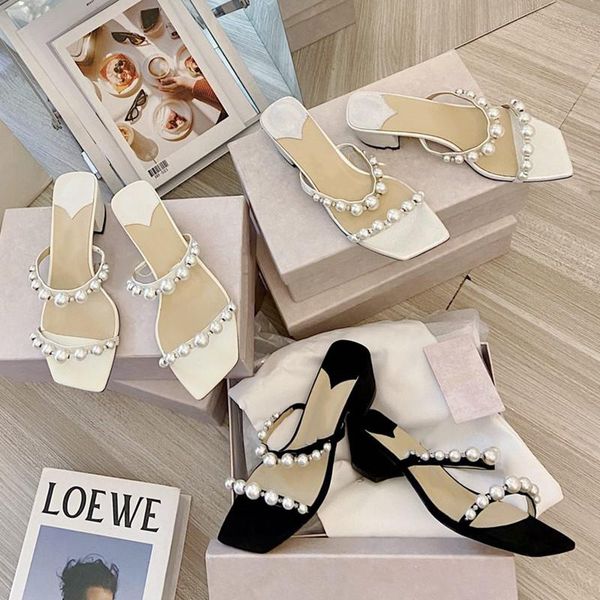 slippers 2021 pearl diamond rough heels fashion sandals girl, Black