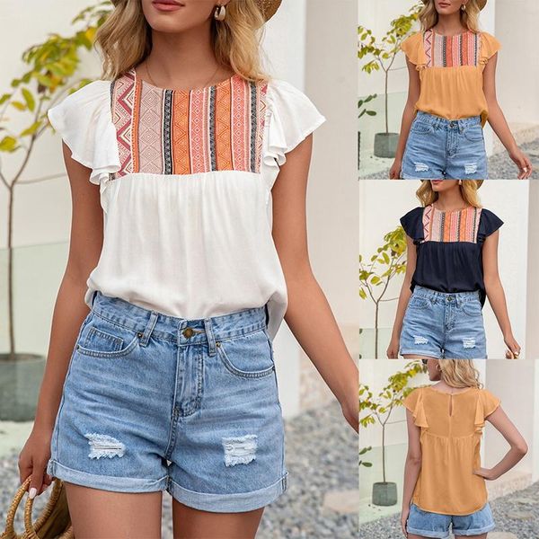 women's t-shirt ethnic style round neck loose lotus leaf short-sleeved blouse, White
women's t-shirt ethnic style round neck loose lotus leaf short-sleeved blouse, White