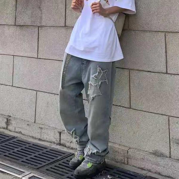 men's jeans high street five stars embroidery ripped washed mens pants oversize straight retro harajuku casual loose denim trousers, Blue
men's jeans high street five stars embroidery ripped washed mens pants oversize straight retro harajuku casual loose denim trousers, Blue