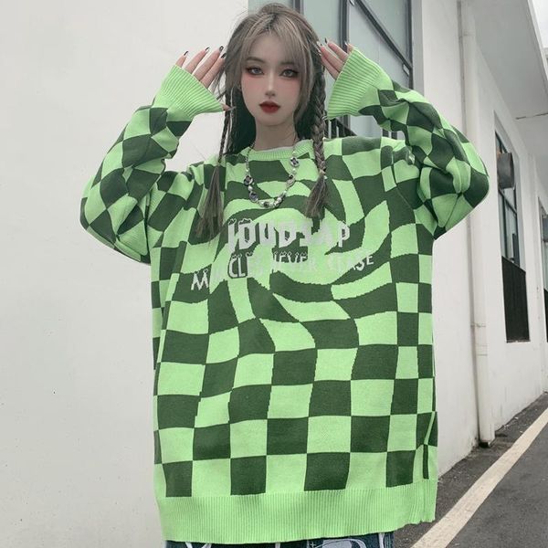 women's sweaters pullover loose winter sweater jacket street retro fluorescent green checkerboard plaid men and women knitted thick, White;black
women's sweaters pullover loose winter sweater jacket street retro fluorescent green checkerboard plaid men and women knitted thick, White;black