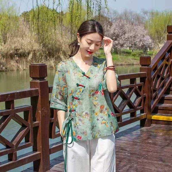 women's blouses & shirts arrival summer arts style women loose half sleeve v-neck blouse print cotton linen single breasted casual w312, White 
women's blouses & shirts arrival summer arts style women loose half sleeve v-neck blouse print cotton linen single breasted casual w312, White