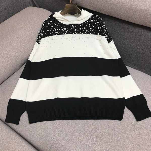 luxury designer brand knitted pullovers for women beading striped loose hooded sweater women's sweaters, White;black
luxury designer brand knitted pullovers for women beading striped loose hooded sweater women's sweaters, White;black